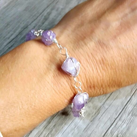 Aura Amethyst Crystal Bracelet, Wire Wrapped, 8" Boho Statement - Picture 5 of 5